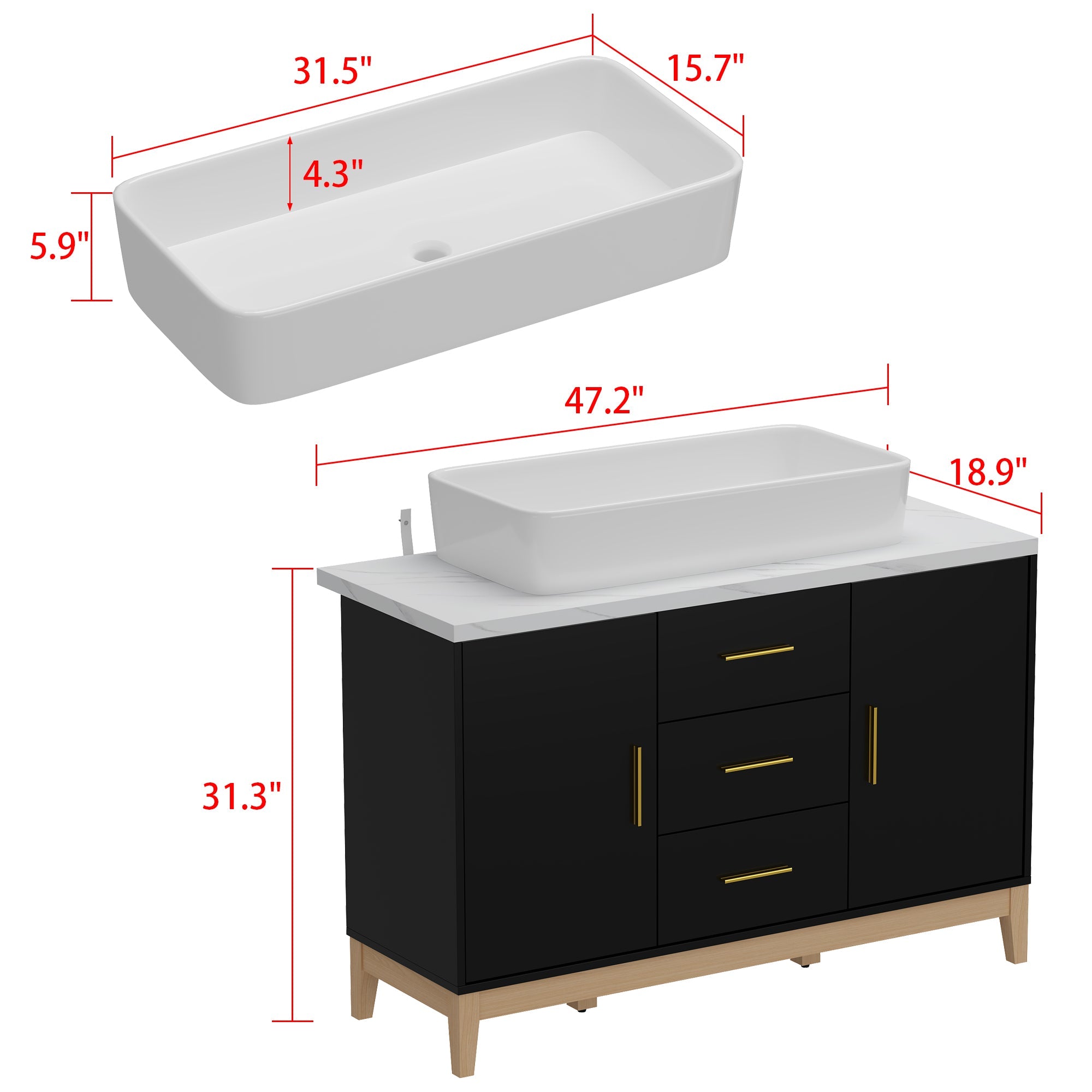 47.2'' Single Bathroom Vanity with Solid + Manufactured Wood Top