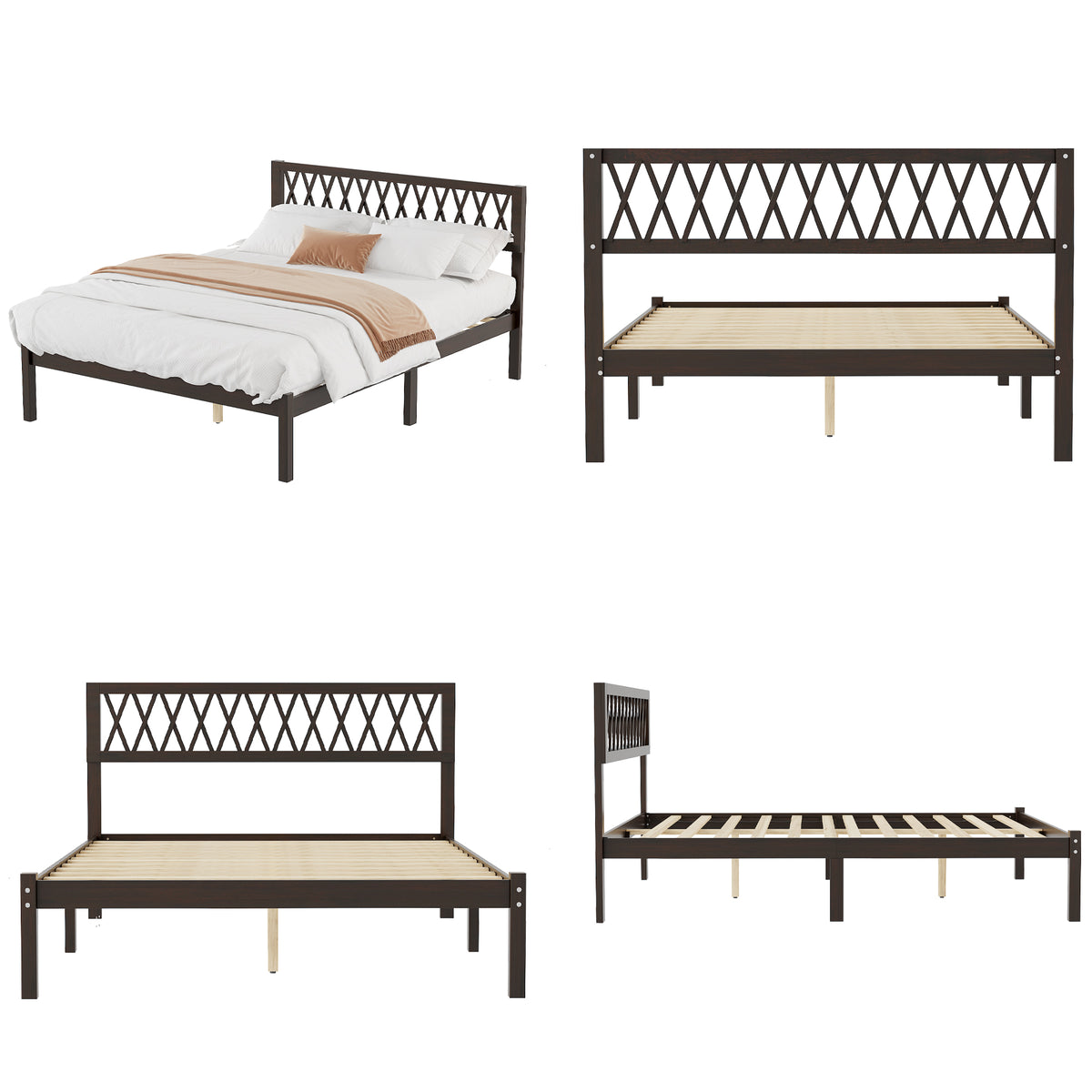 63.2" Modern Brown Platform Bed with Ribbed Detailing