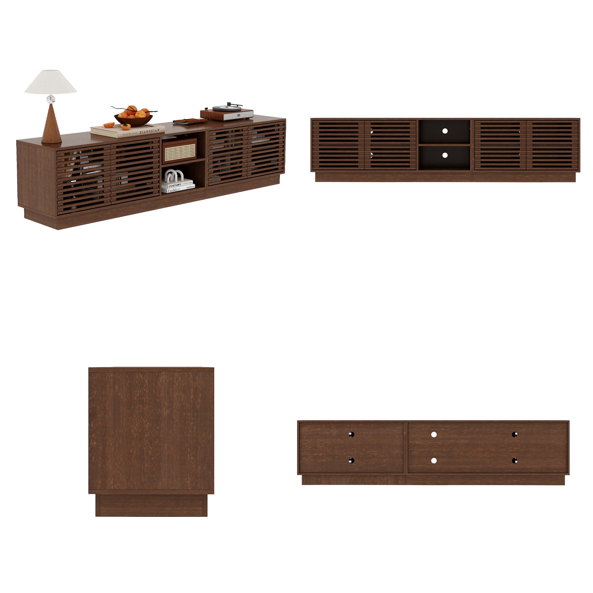 Mid-Century Modern TV Stand With Slatted Doors, Open Shelves, And Cable Management