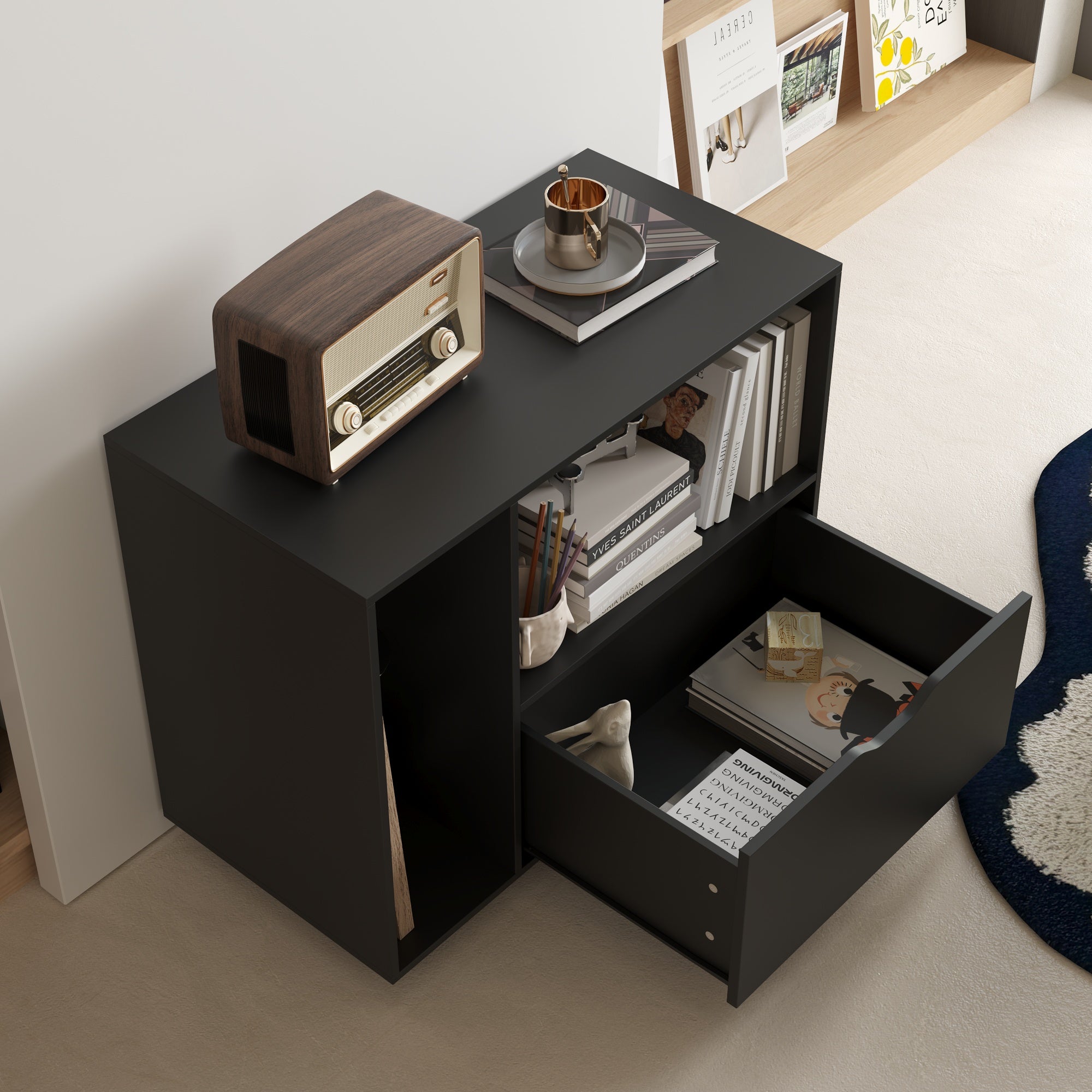 31.5" Wide Black Double File Cabinet - With Side Drawers, Hooks & Spinner Wheels