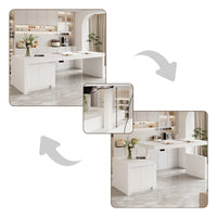 Modern white kitchen island with height-adjustable top and storage cabinets