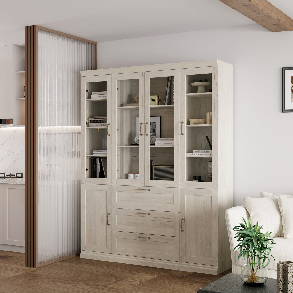63" Rustic Gray-White Wood Bookcase Display Cabinet with Glass Doors & 3 Drawers