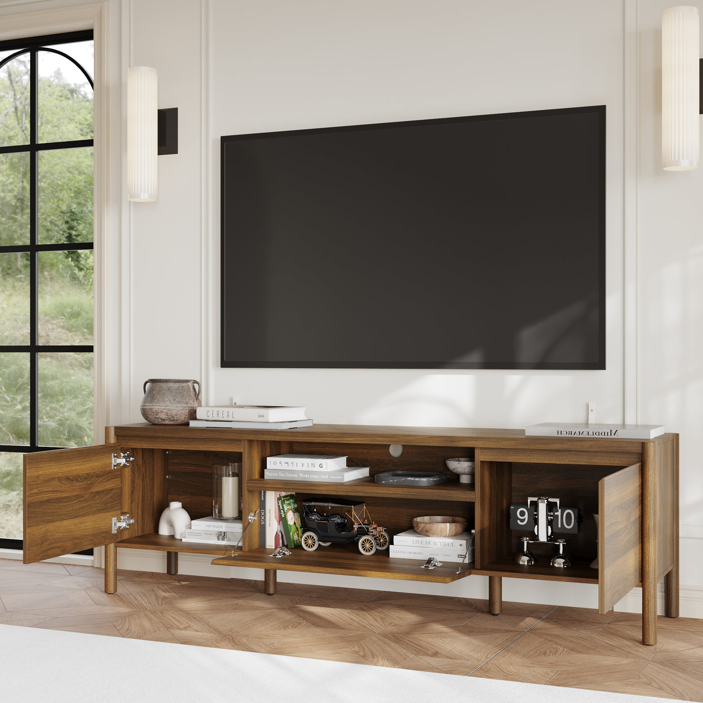 70.9 in. Modern Walnut TV Stand with Sliding Doors and Open Shelf