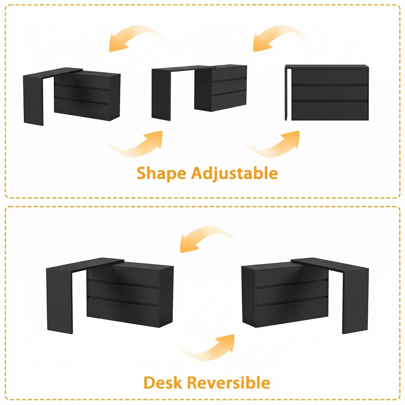 51.2" Modern Minimalist White/Black L-Shaped Rotatable Dresser Writing Table with 6 Drawers