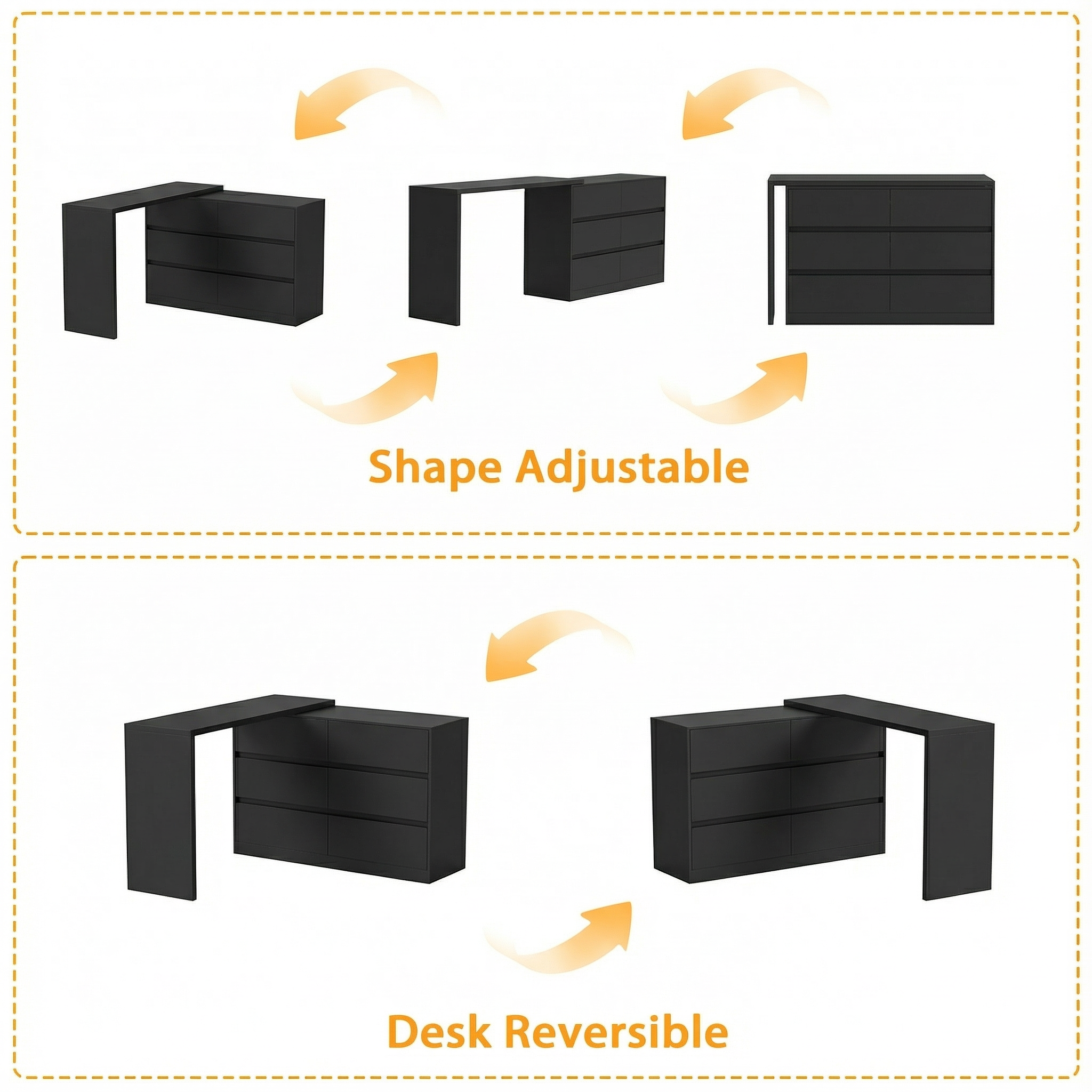 51.2" Modern Minimalist White/Black L-Shaped Rotatable Dresser Writing Table with 6 Drawers
