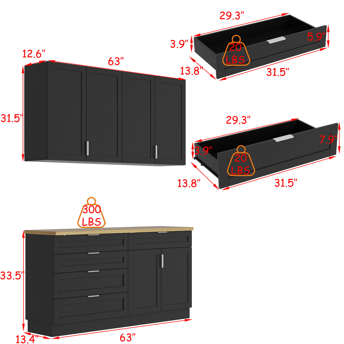 63" Modern Matte Black Kitchen Cabinet Set with 5 Drawers and 6 Doors