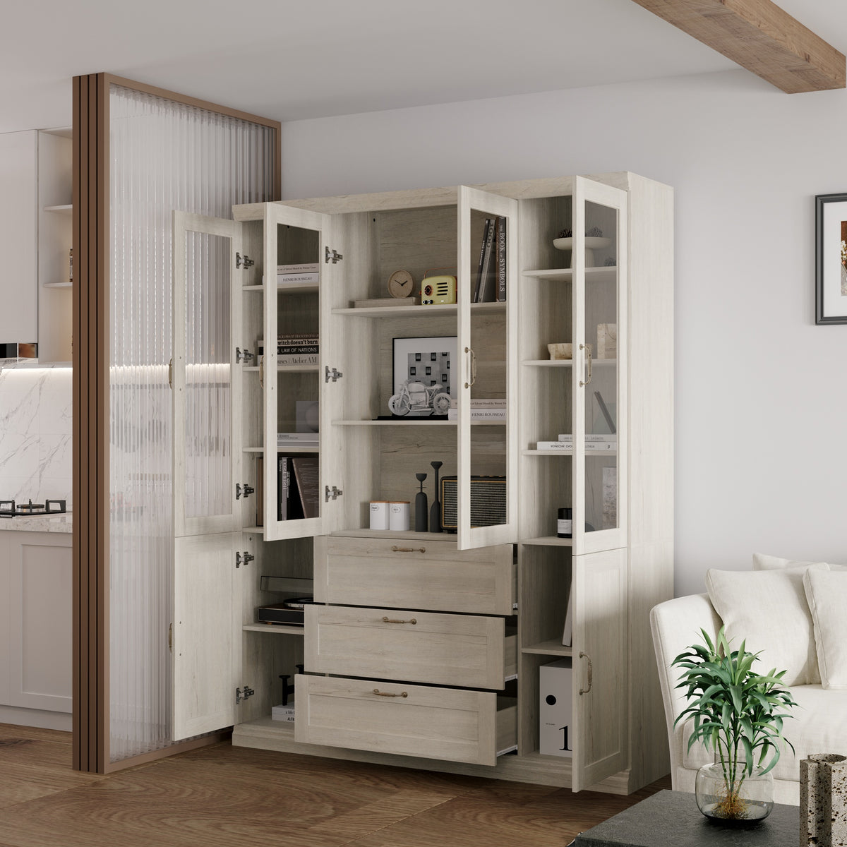 63" Rustic Gray-White Wood Bookcase Display Cabinet with Glass Doors & 3 Drawers