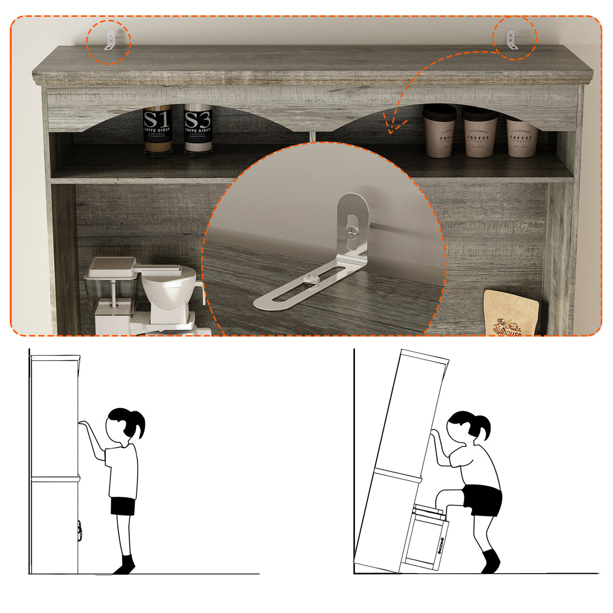 53.7" Retro Brown Dining Hutch with Adjustable Shelves