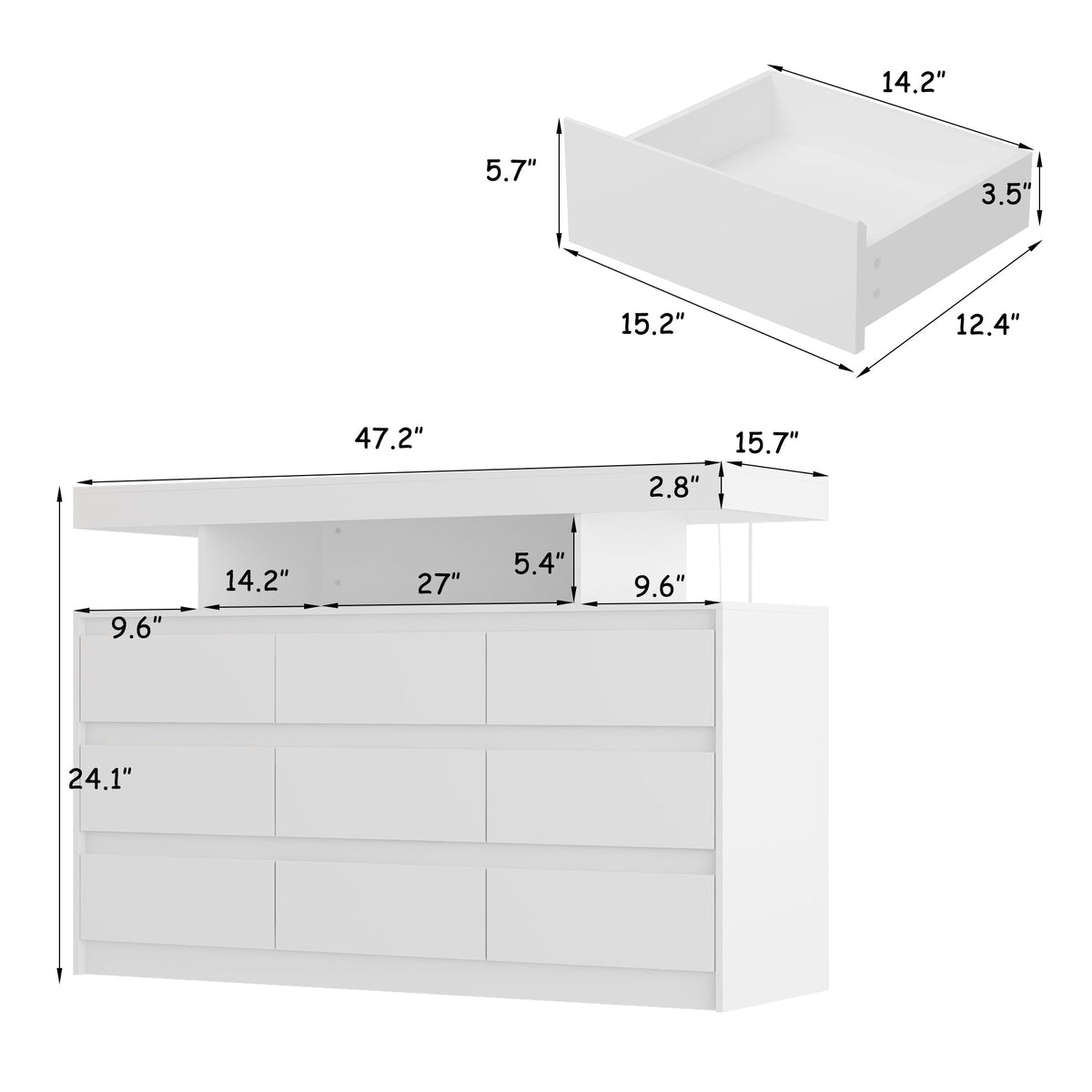 47.2" Minimalist White Dresser With LED Lights & 9 Drawers