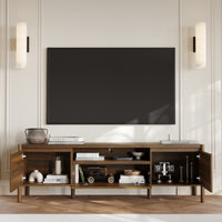 70.9 in. Modern Walnut TV Stand with Sliding Doors and Open Shelf
