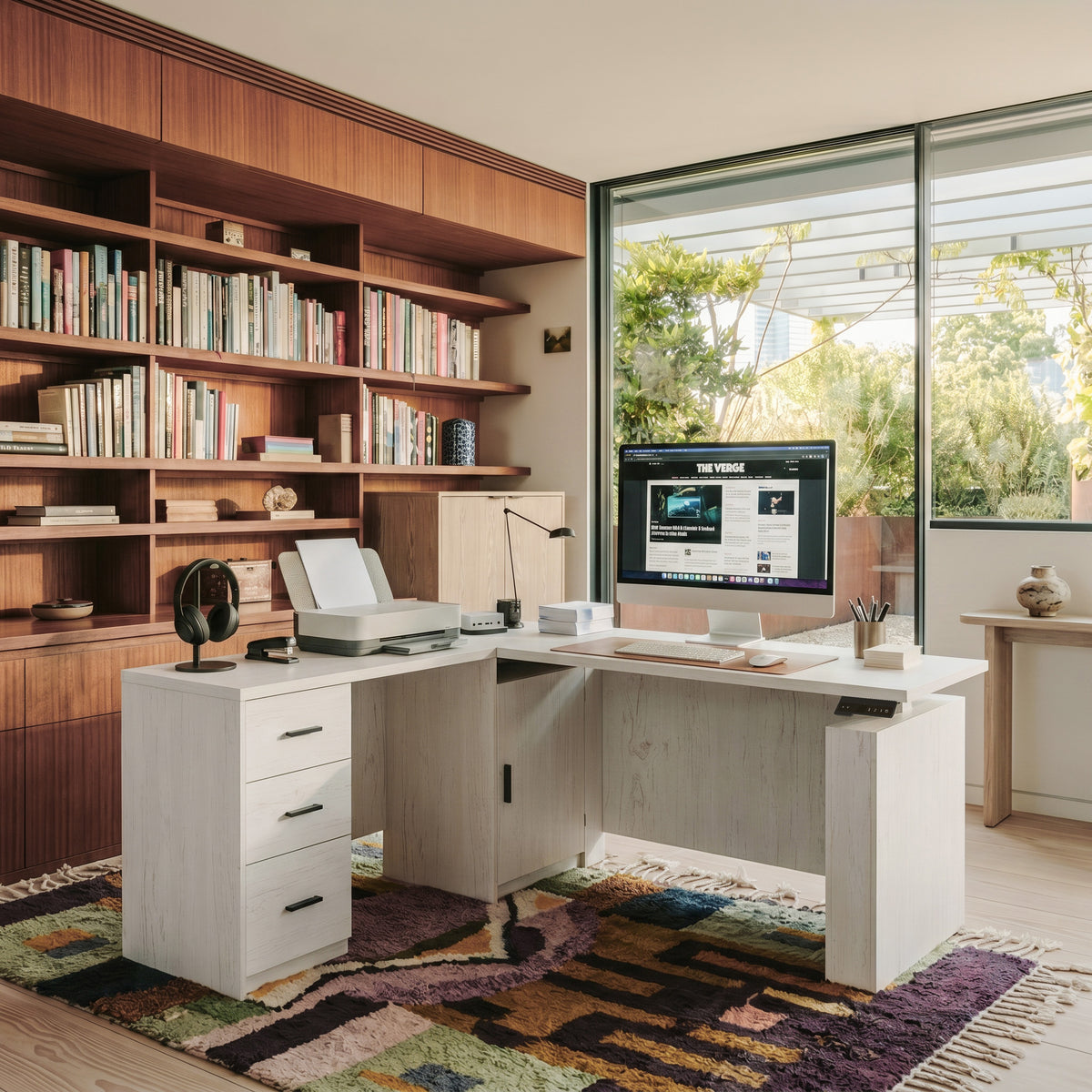 63" Wood-Grain L-Shaped Standing Desk with 3 Drawers