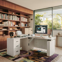 63" Wood-Grain L-Shaped Standing Desk with 3 Drawers