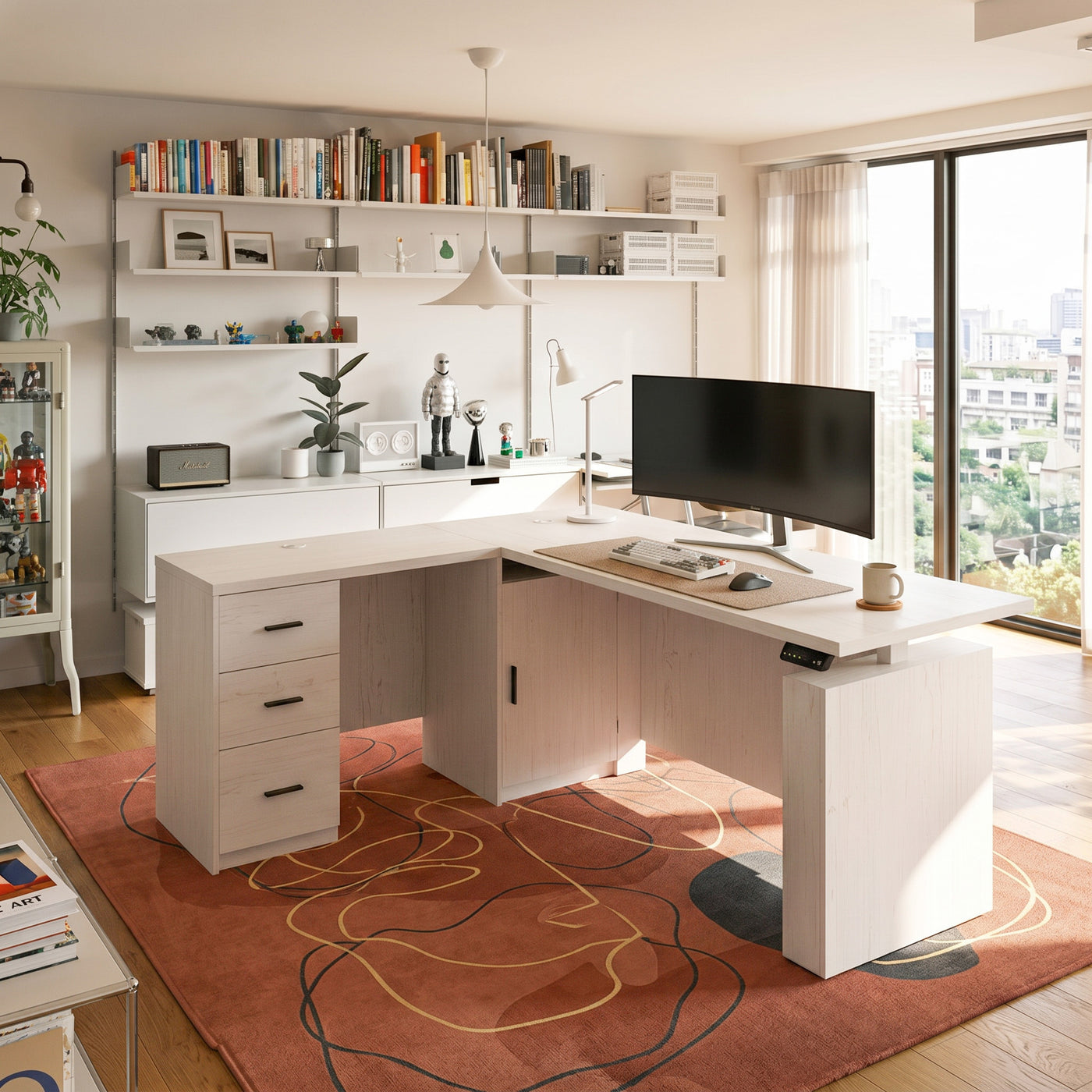 63" Wood-Grain L-Shaped Standing Desk with 3 Drawers