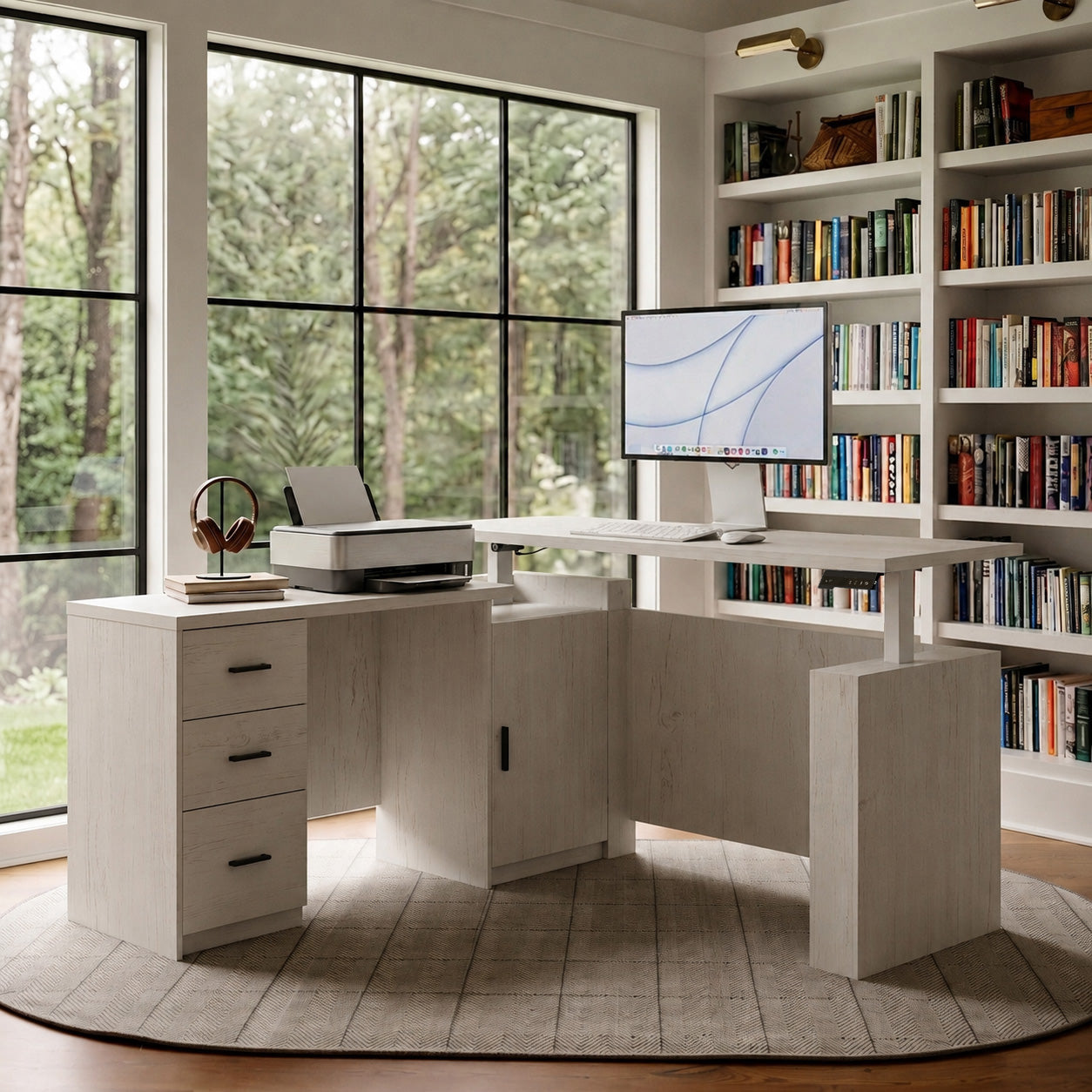 63" Wood-Grain L-Shaped Standing Desk with 3 Drawers