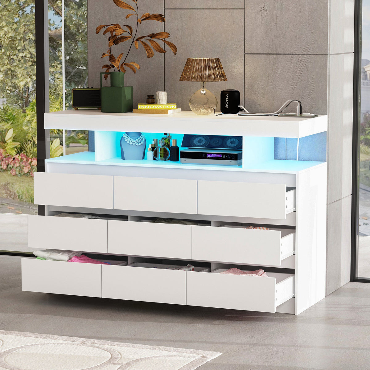 47.2" Minimalist White Dresser With LED Lights & 9 Drawers