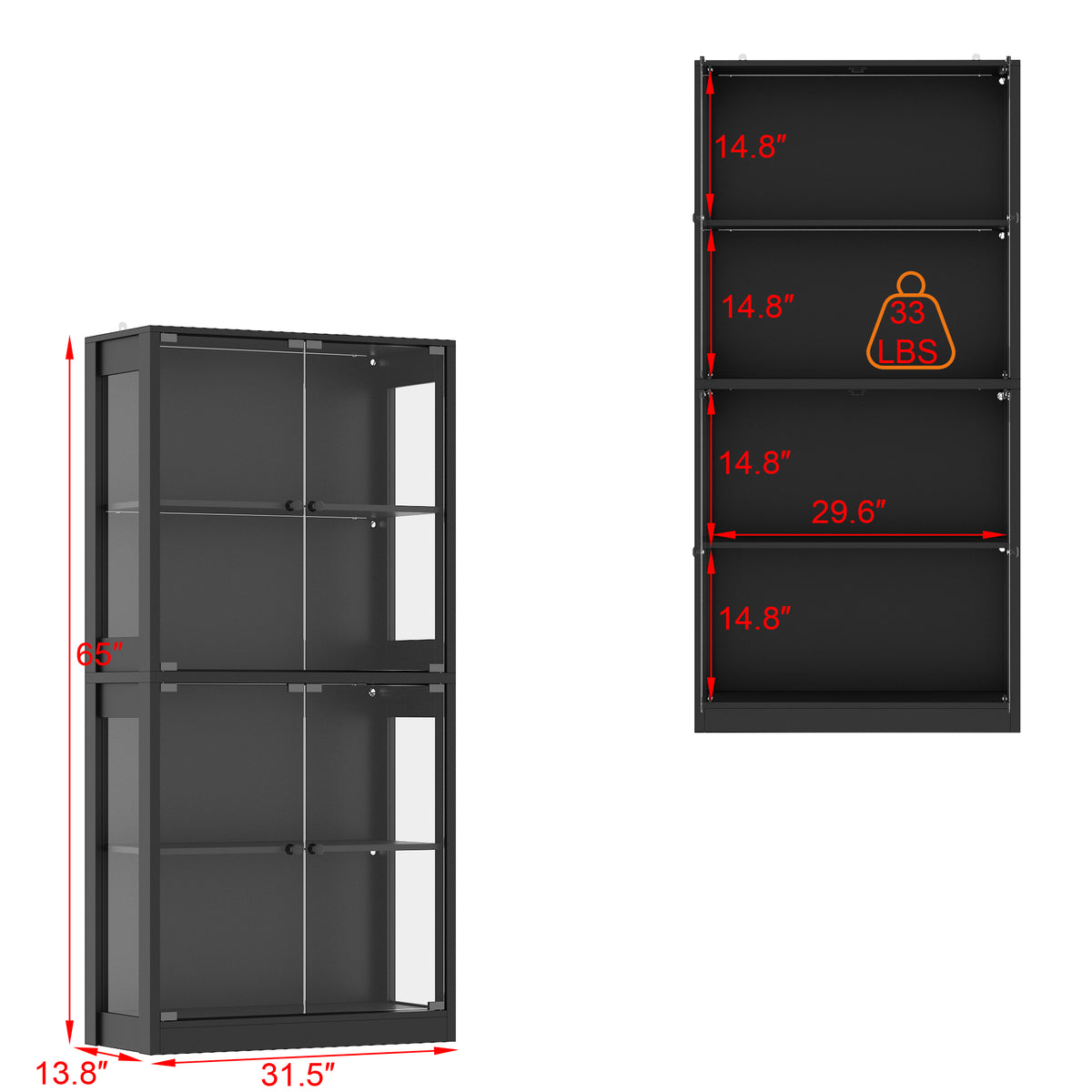 Black metal storage unit with dimensions and weight capacity indicated
