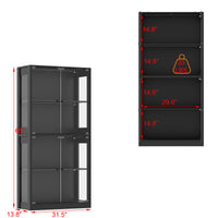 Black metal storage unit with dimensions and weight capacity indicated