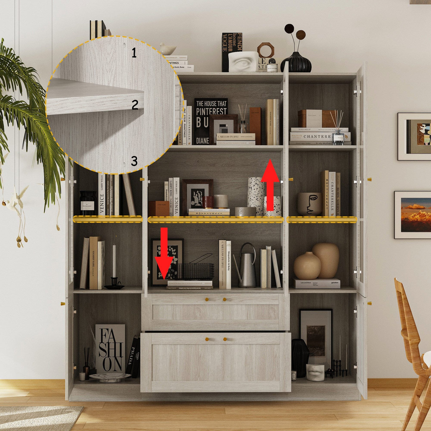 78.7" Modern Display Cabinet with Adjustable Shelves, Frosted Glass Doors and Drawers