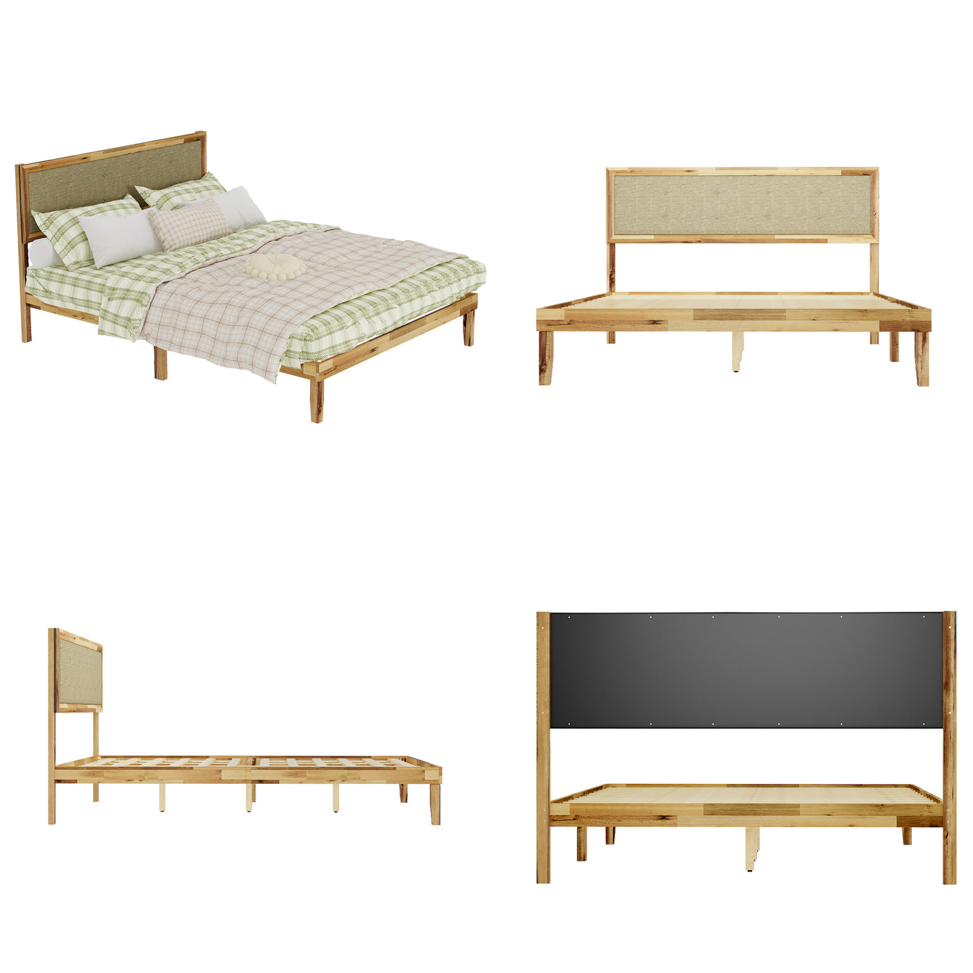 Queen Size Solid Acacia Wood Platform Bed Frame with Upholstered Headboard