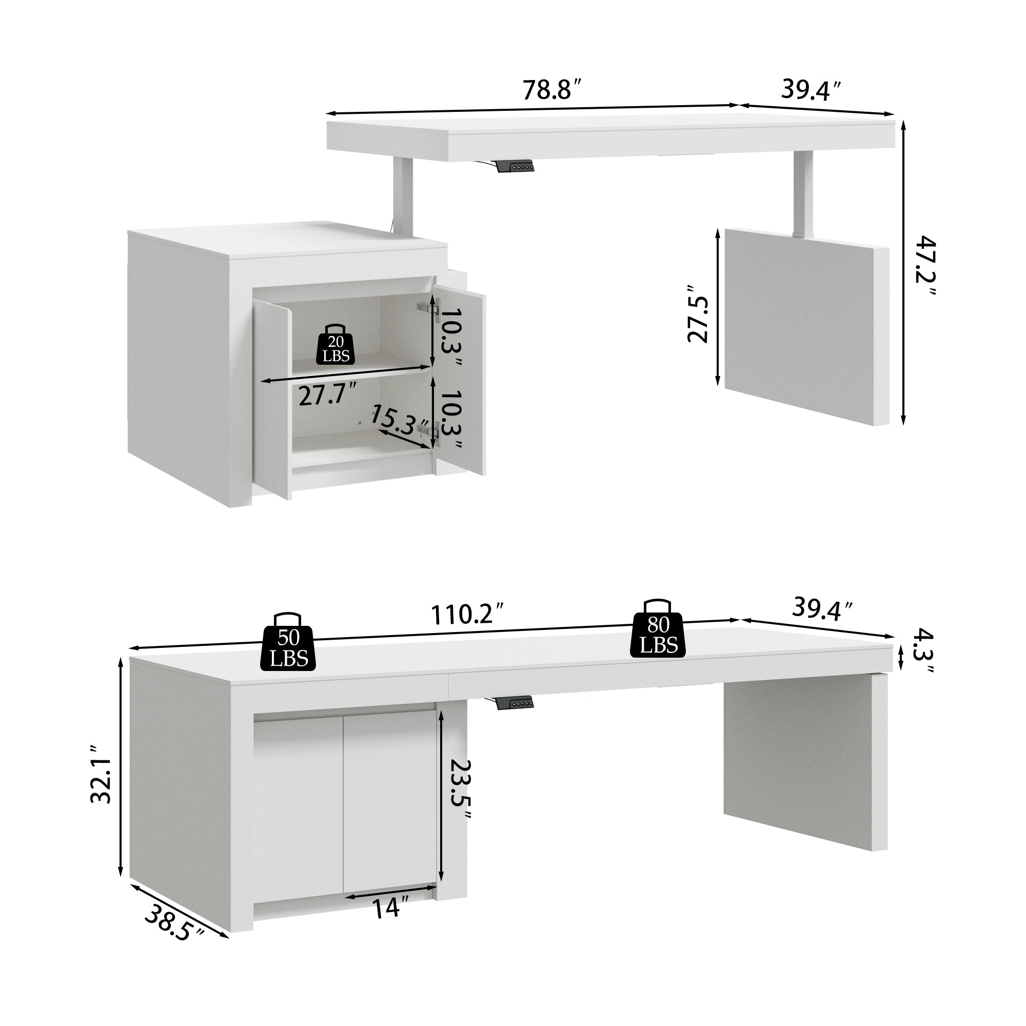 Modern white kitchen island with height-adjustable top and storage cabinets