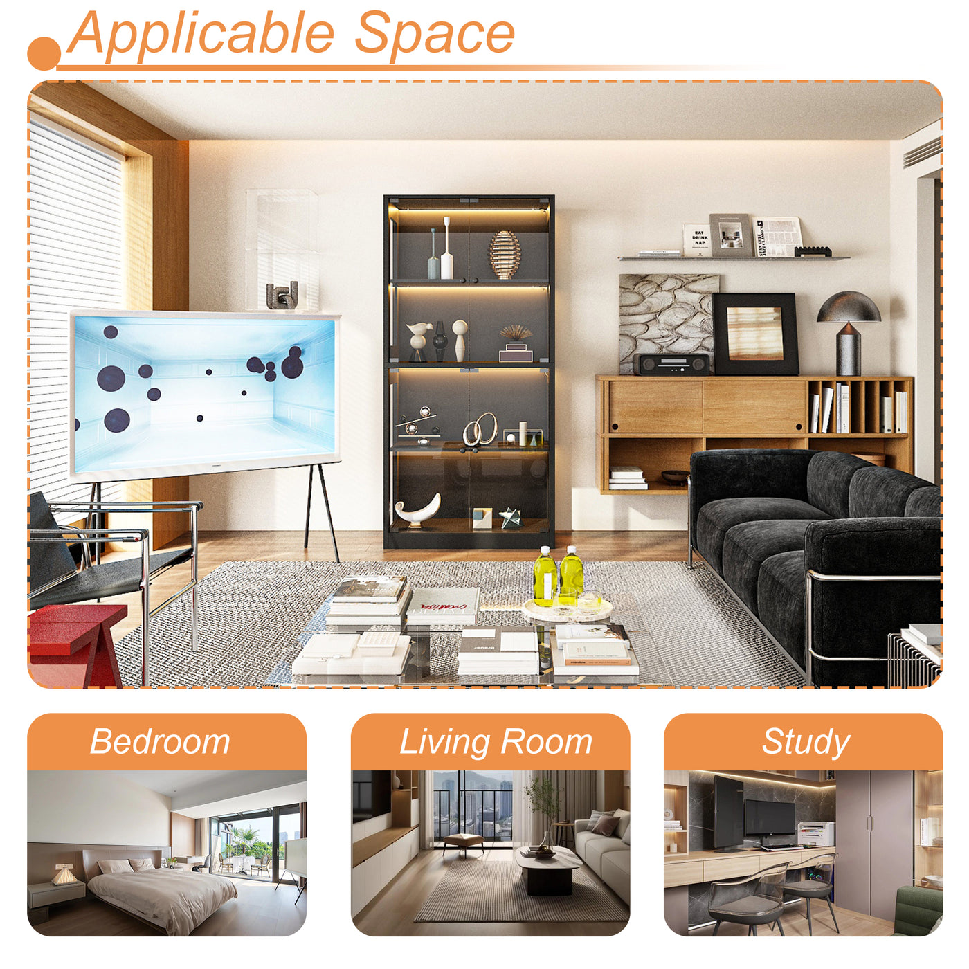 Modern living room with furniture and decor, labeled for Bedroom, Living Room, and Study.