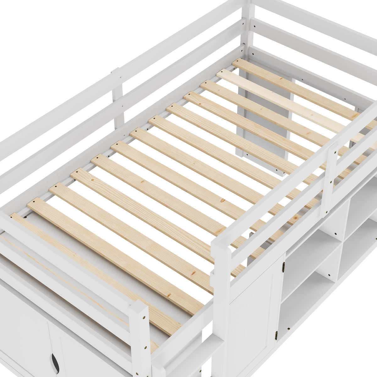 White kids loft bed with storage cabinets, shelves, and ladder