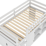 White kids loft bed with storage cabinets, shelves, and ladder