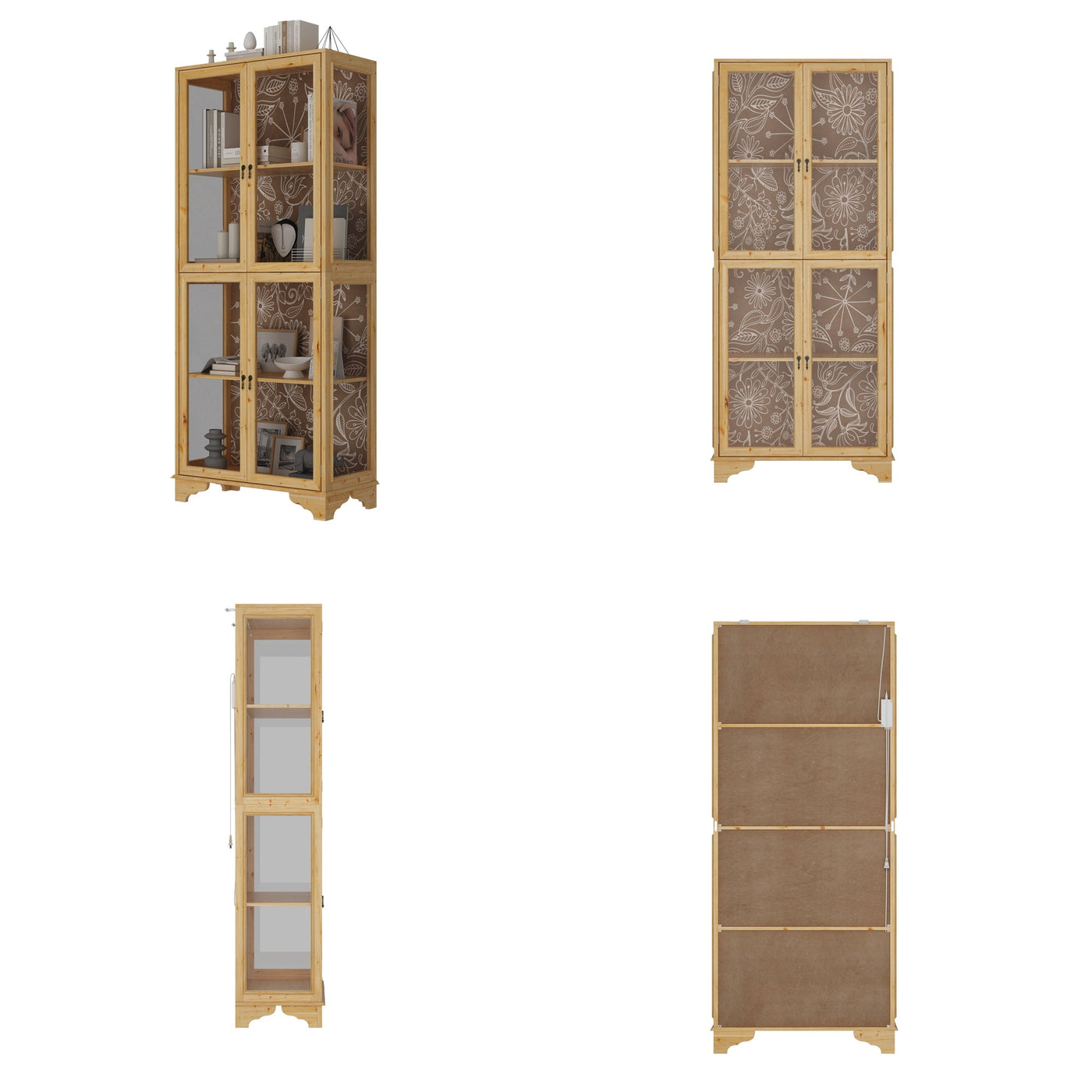74.2" Traditional Natural China Cabinet With Lights And Floral-etched Glass Doors