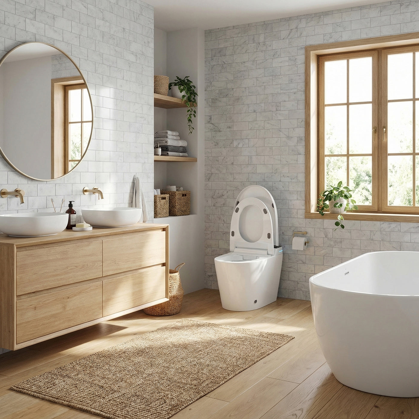 White smart toilet with compact one-piece design and side control knob