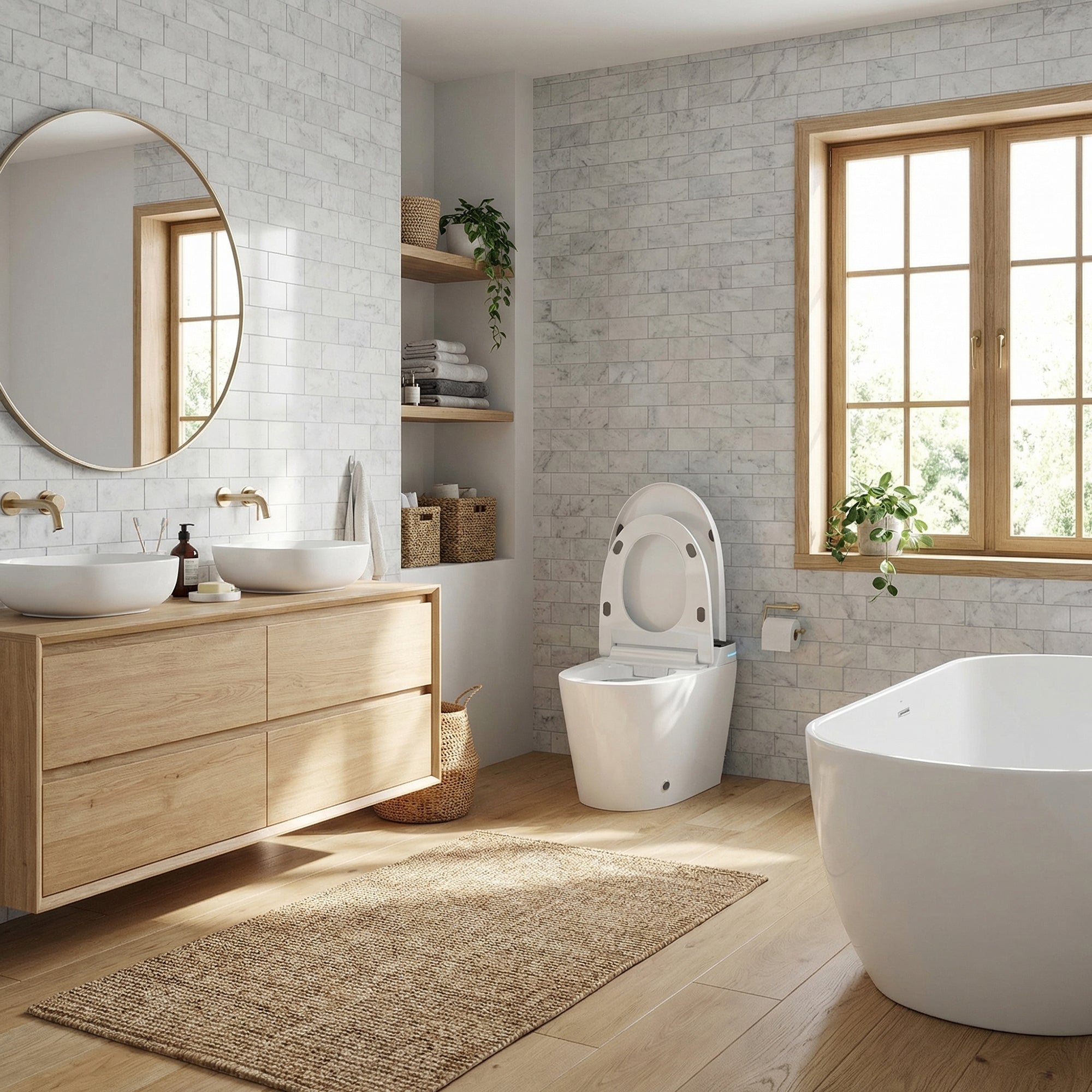 White smart toilet with compact one-piece design and side control knob