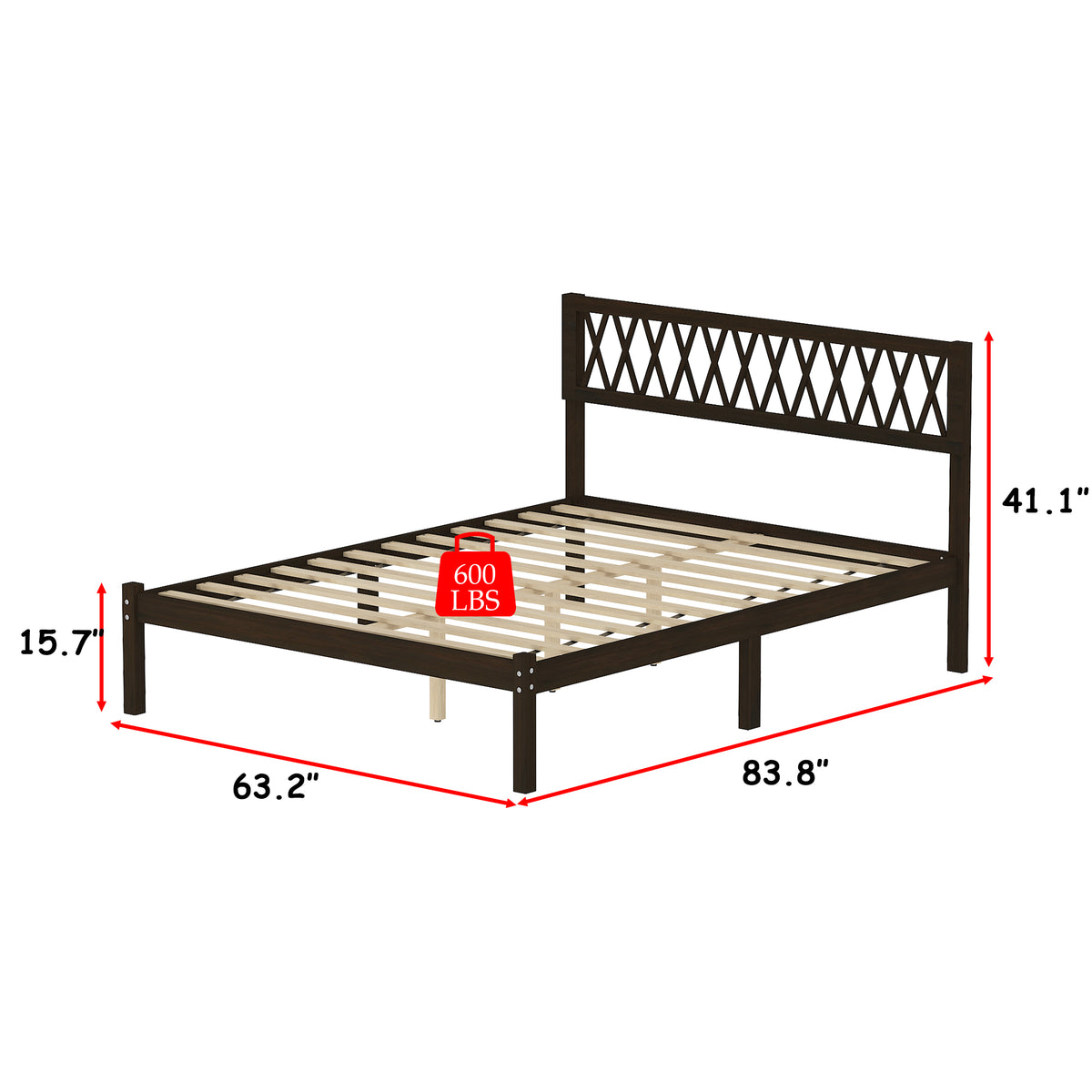 63.2" Modern Brown Platform Bed with Ribbed Detailing