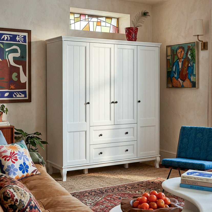 63" Modern Minimalist White Wardrobe Armoire with Storage Shelves and Drawers for Bedroom