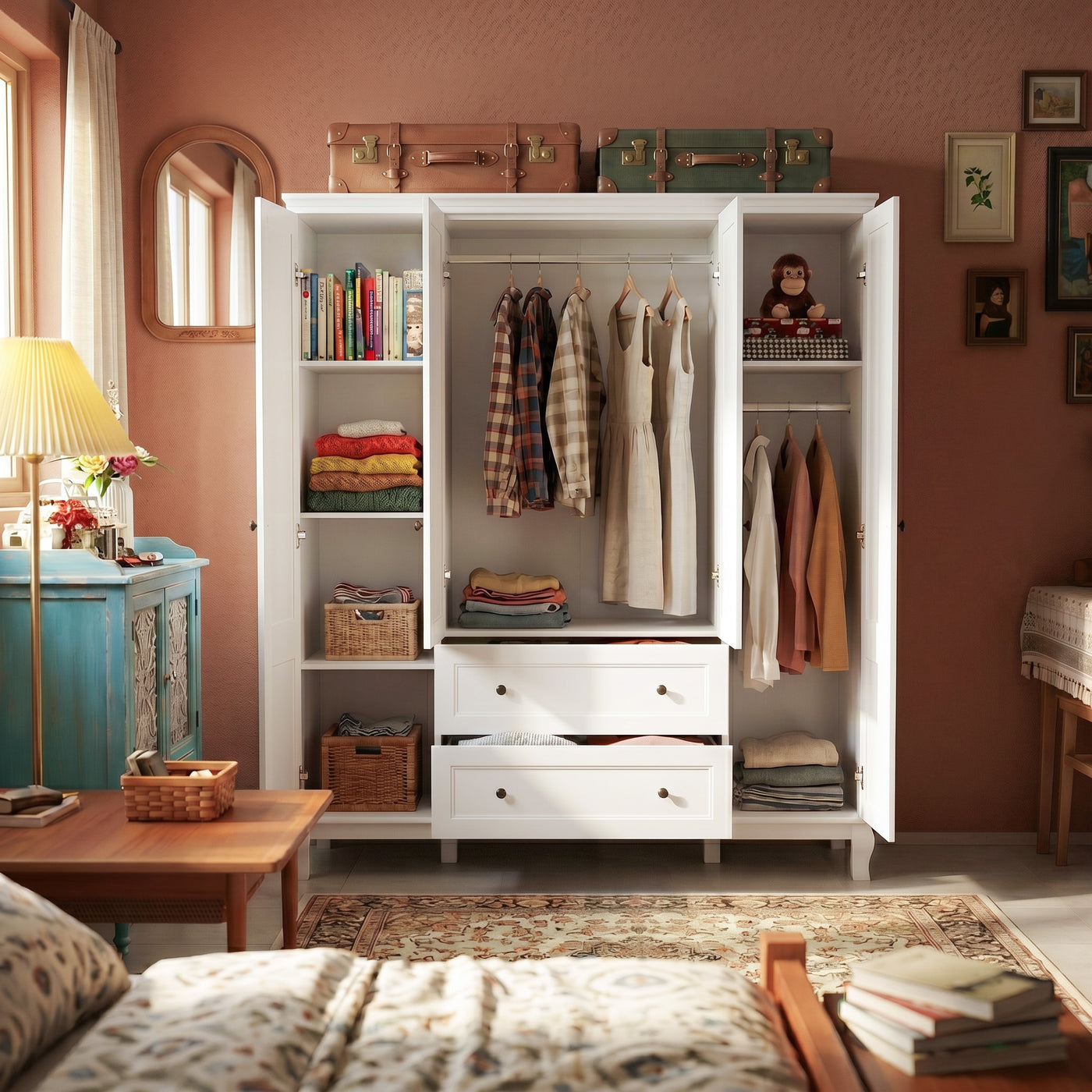63" Modern Minimalist White Wardrobe Armoire with Storage Shelves and Drawers for Bedroom