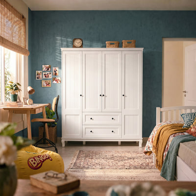 63" Modern Minimalist White Wardrobe Armoire with Storage Shelves and Drawers for Bedroom