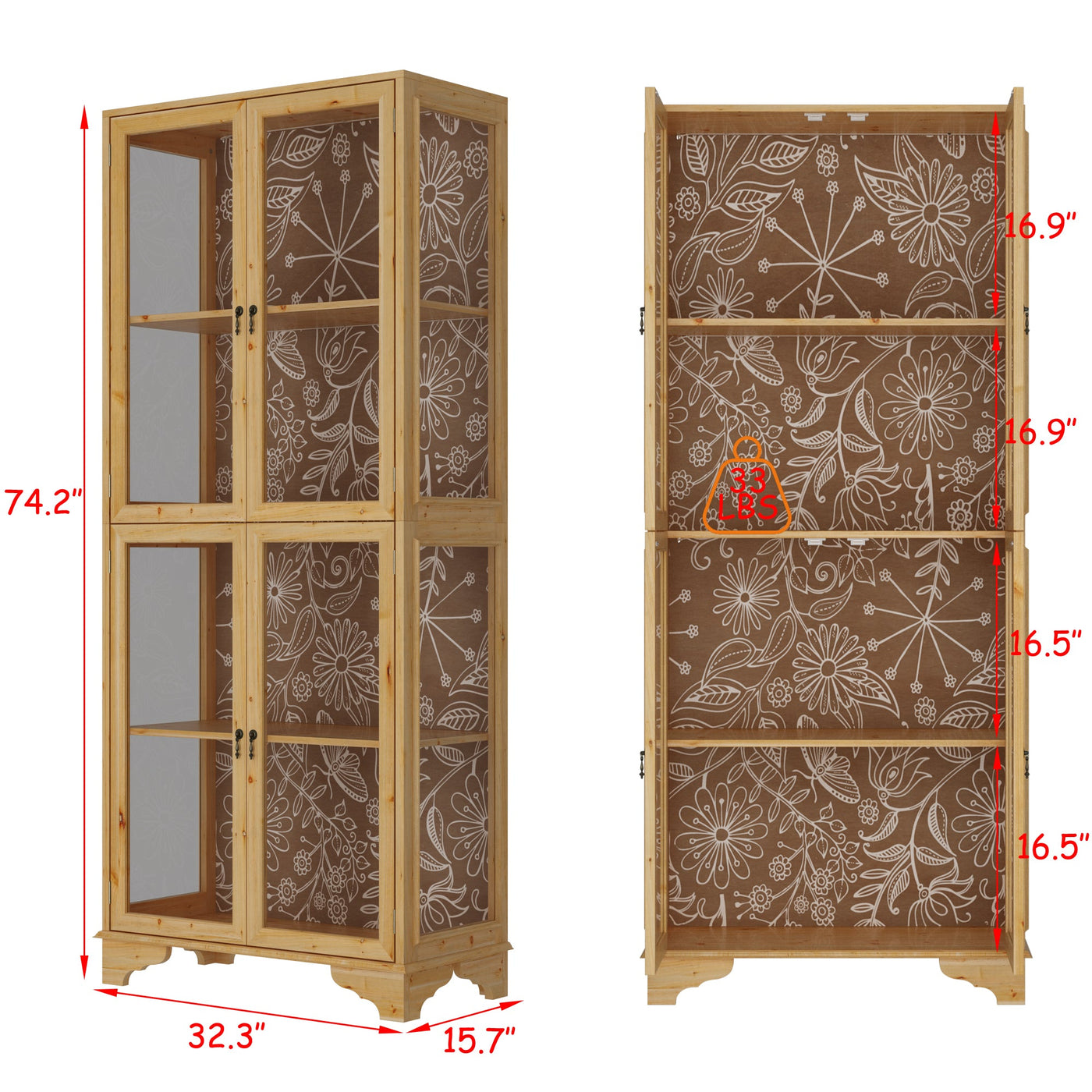 74.2" Traditional Natural China Cabinet With Lights And Floral-etched Glass Doors