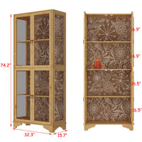 74.2" Traditional Natural China Cabinet With Lights And Floral-etched Glass Doors