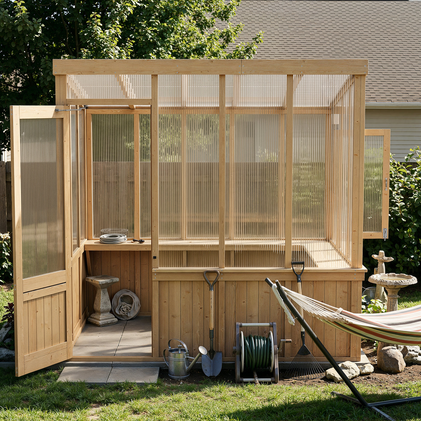 Wooden greenhouse with open doors, tools inside, and a hammock outside.