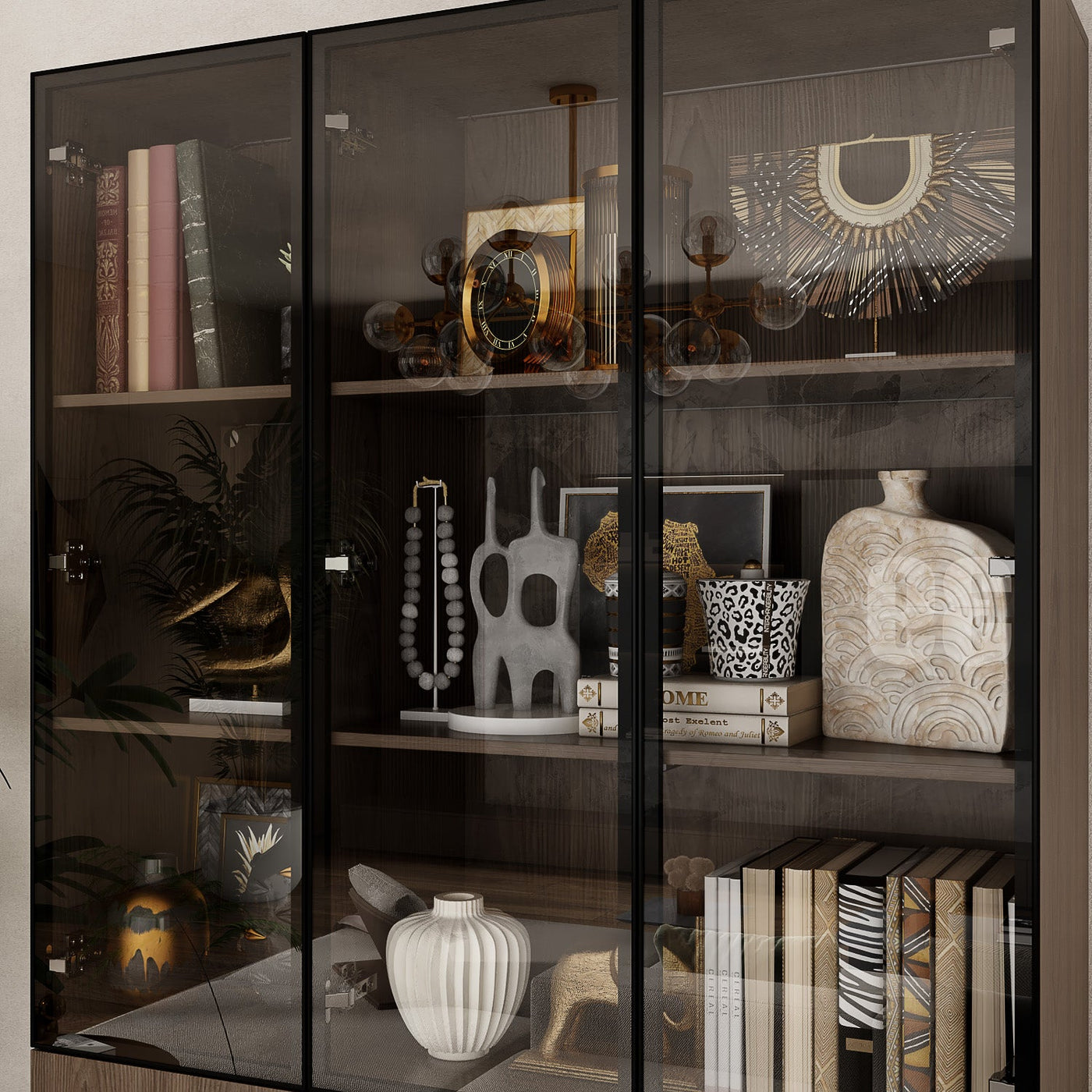 Geyma 47" Modern Brown Display Cabinets with Glass Door and Adjustable Lighting