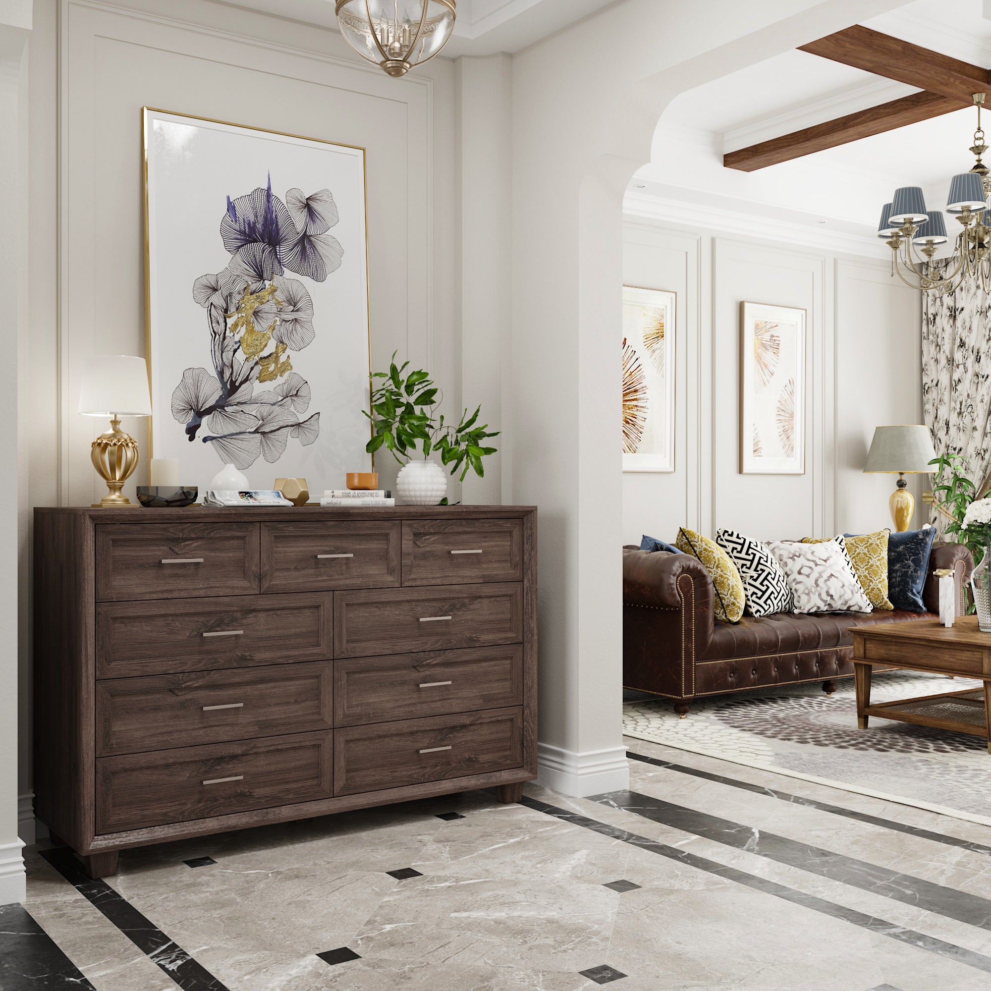 60" Wide 9-Drawer Accent Chest With Metal Handles