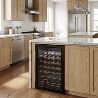 Black wine fridge with glass door and digital temperature display
