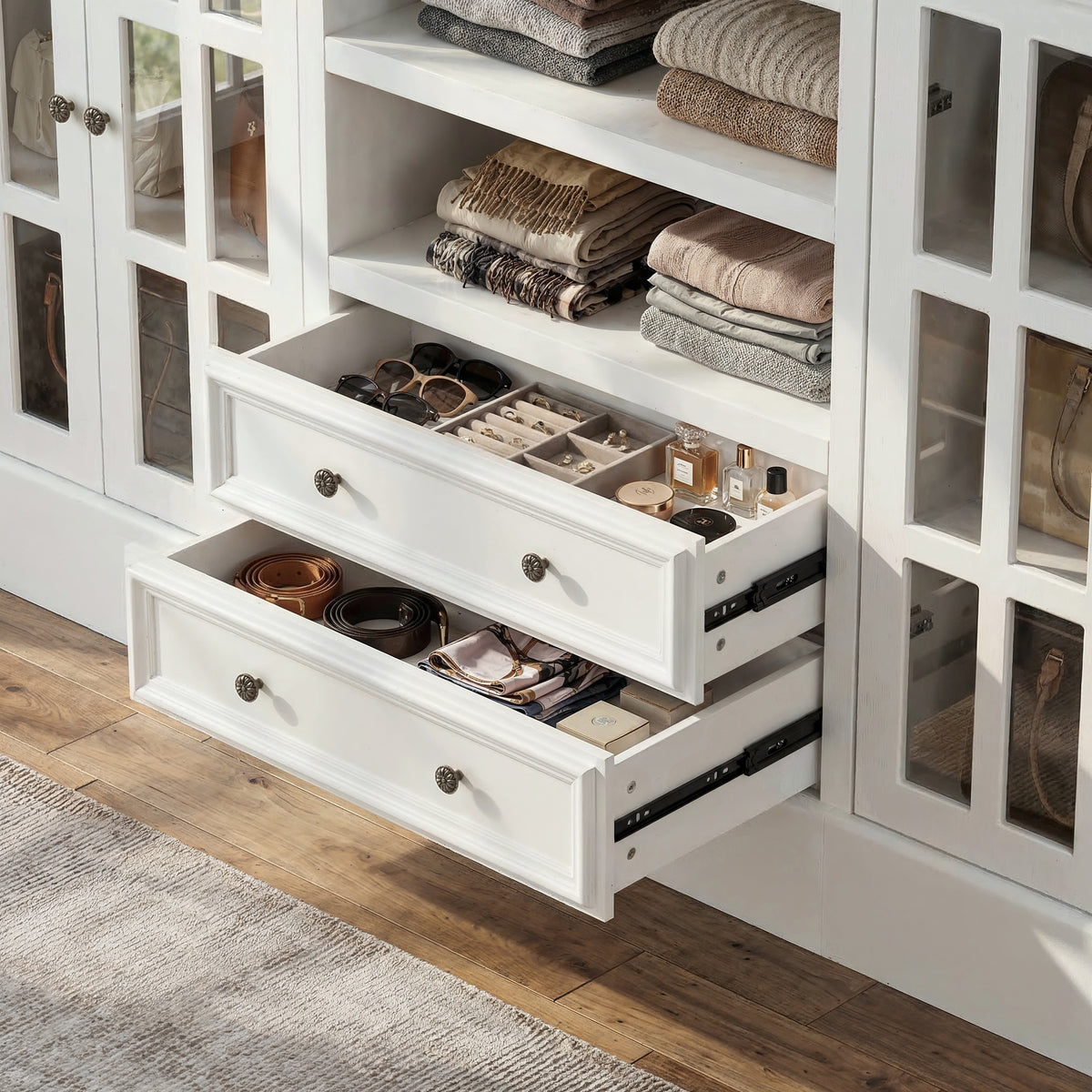 White kitchen island with glass cabinet doors, open shelves, and center drawers