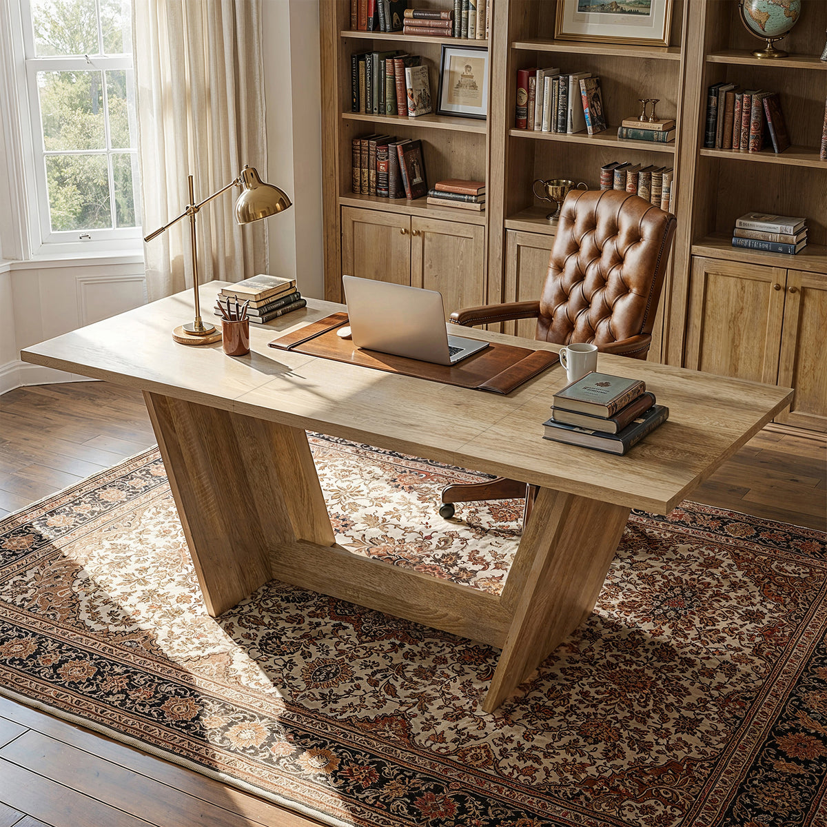Wood dining table with V-shaped pedestal base 