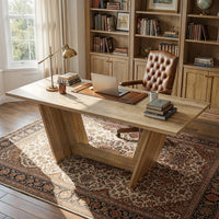 Wood dining table with V-shaped pedestal base 
