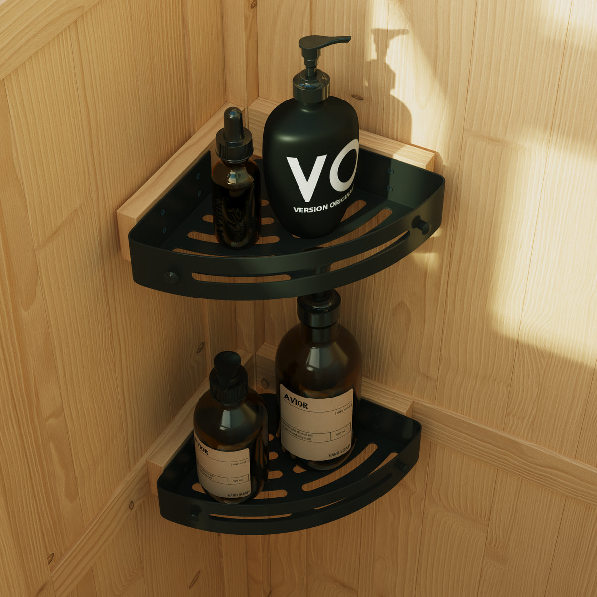 Corner shower caddy with bottles on a wooden wall