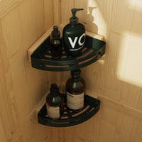 Corner shower caddy with bottles on a wooden wall