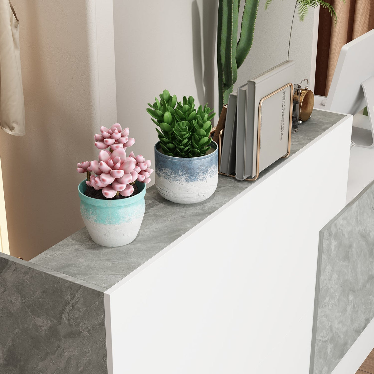 86.6" Modern Minimalist White Rectangular Reception Desk With Open Shelves