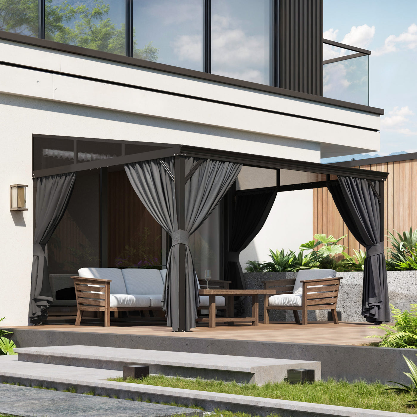 145.4" Modern Black Patio Gazebo with Curtains and Mosquito Net