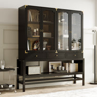 66" Modern Black Display Bookcase with Open Shelves, Glass Doors and 3 Drawers