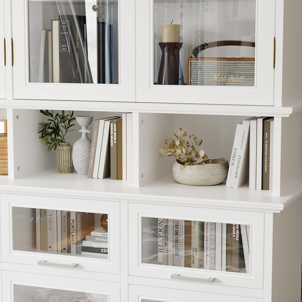 63" Modern White Display Bookcase Cabinet with Glass Doors