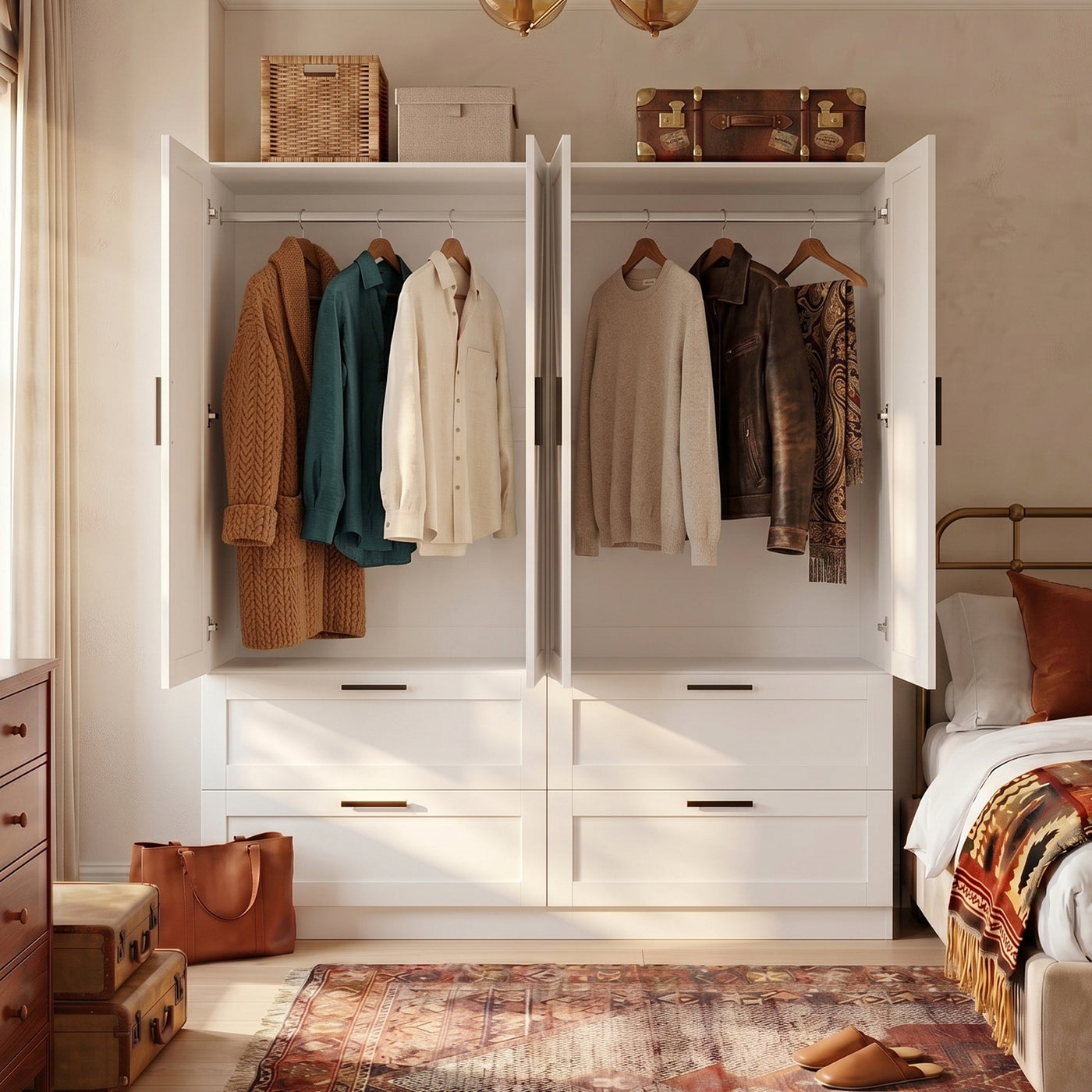 59.8" Modern Farmhouse White 4-Door Wardrobe with Geometric Slat Doors, 4 Drawers and Black Handles
